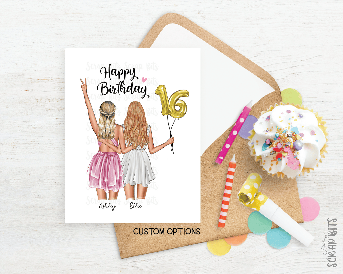 16th Birthday Card for Best Friend, ANY Age Foil Number Balloons, Custom Girl Birthday Portrait Card - Scrap Bits