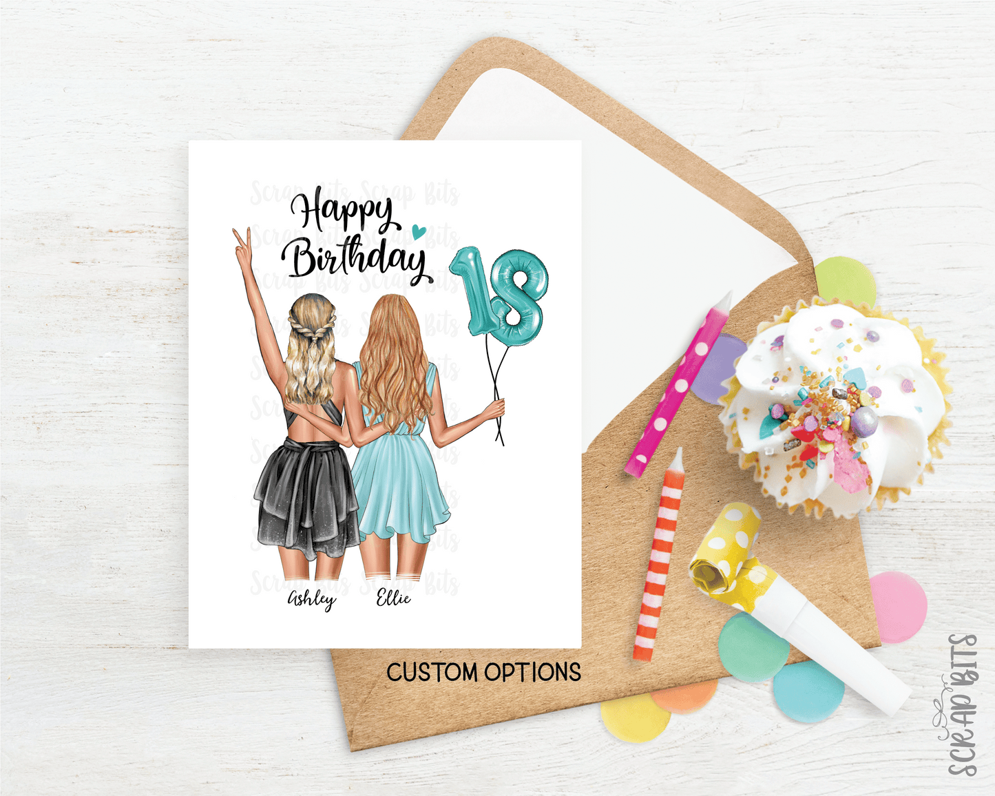 18th Birthday Card for Best Friend, ANY Age Foil Number Balloons, Custom Girl Birthday Portrait Card - Scrap Bits