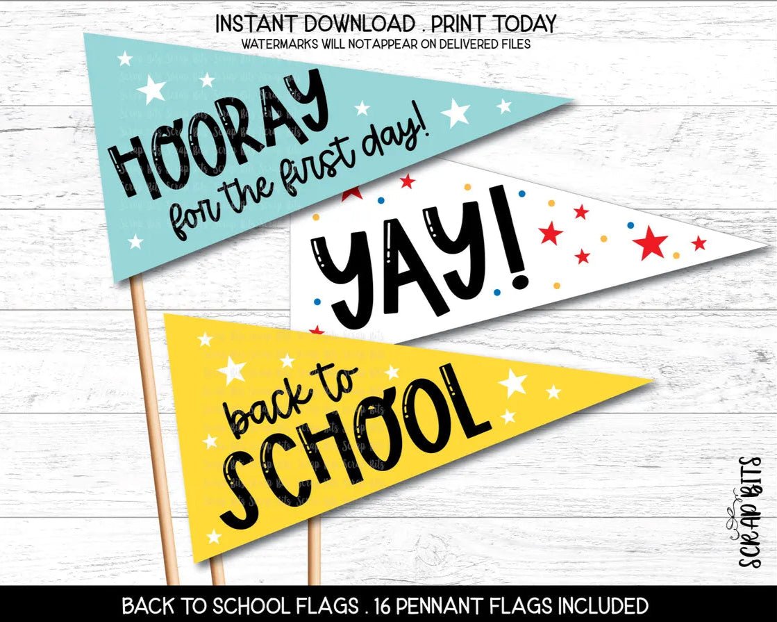 1st Day of School Printable Pennant Flags Bundle, Hooray, Yay . Instant Download - Scrap Bits