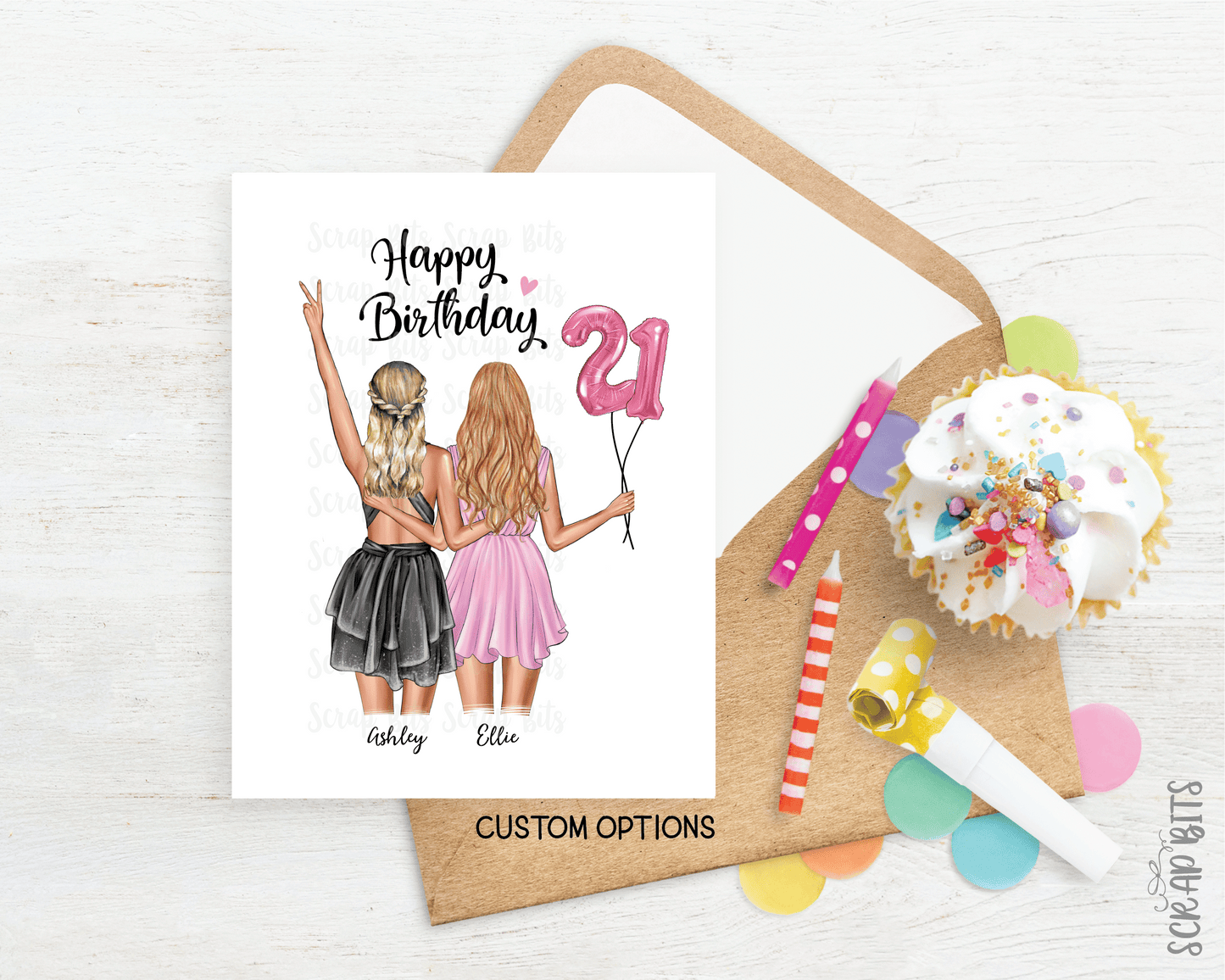 21st Birthday Card for Best Friend, ANY Age Foil Number Balloons, Custom Girl Birthday Portrait Card - Scrap Bits
