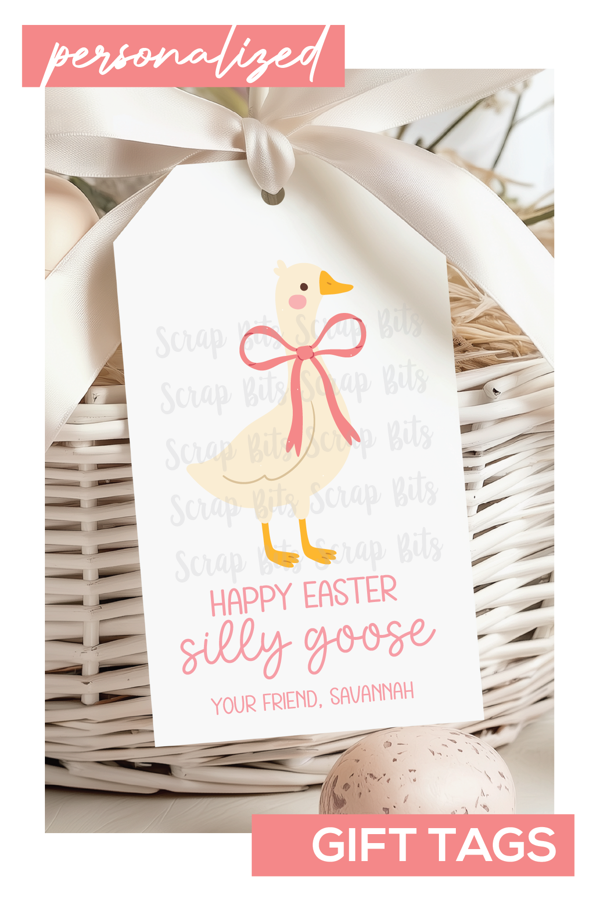 Silly Goose Pink Bow, Personalized Easter Gift Tags