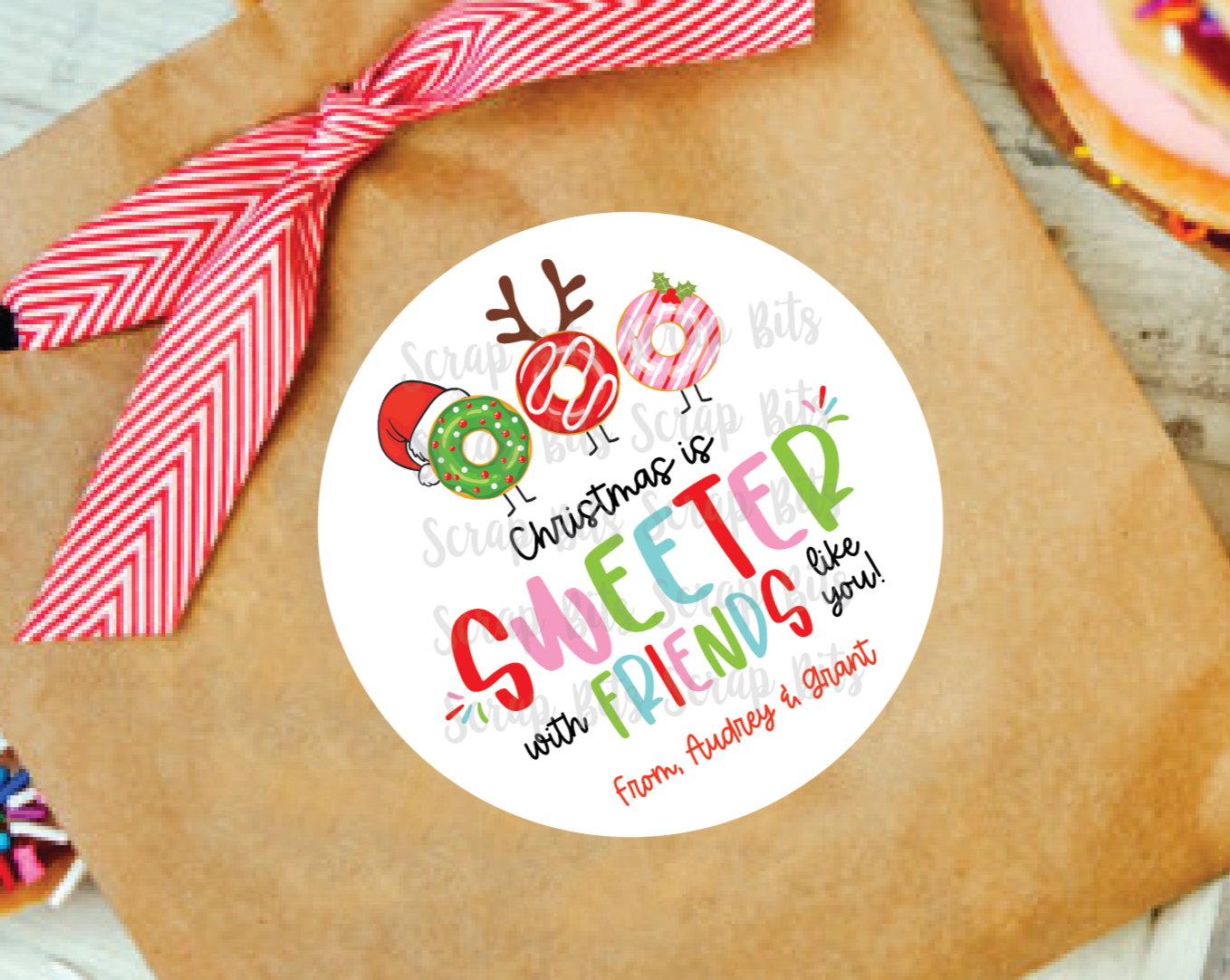 Christmas Donut Stickers, Christmas Is Sweeter With Friends Like You, Personalized Christmas Gift Labels or Tags