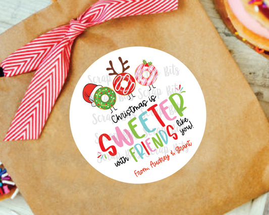 Christmas Donut Stickers, Christmas Is Sweeter With Friends Like You, Personalized Christmas Gift Labels or Tags