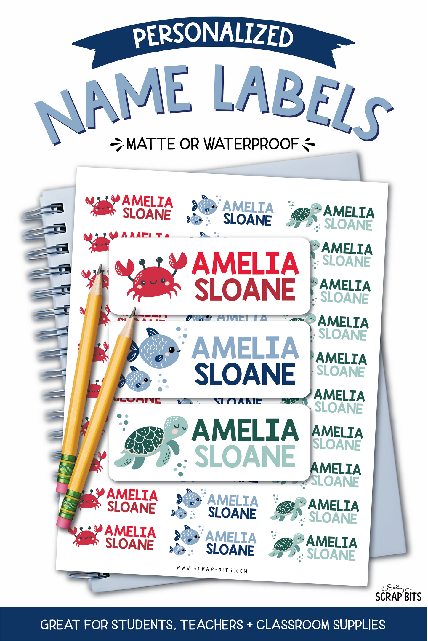 Sea Animals Name Labels, Crab, Turtle, Fish . Personalized Belonging Labels