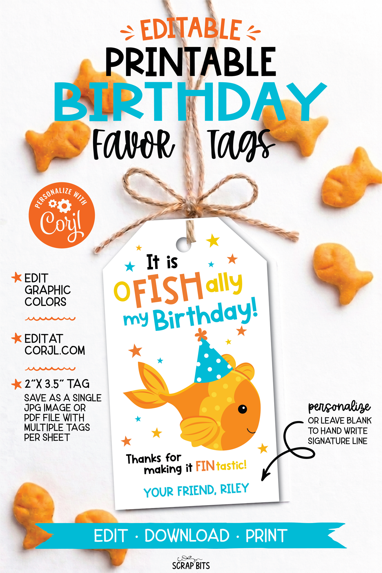 O-Fish-Ally My Birthday, Printable Goldfish Favor Tags, Personalized Editable Template