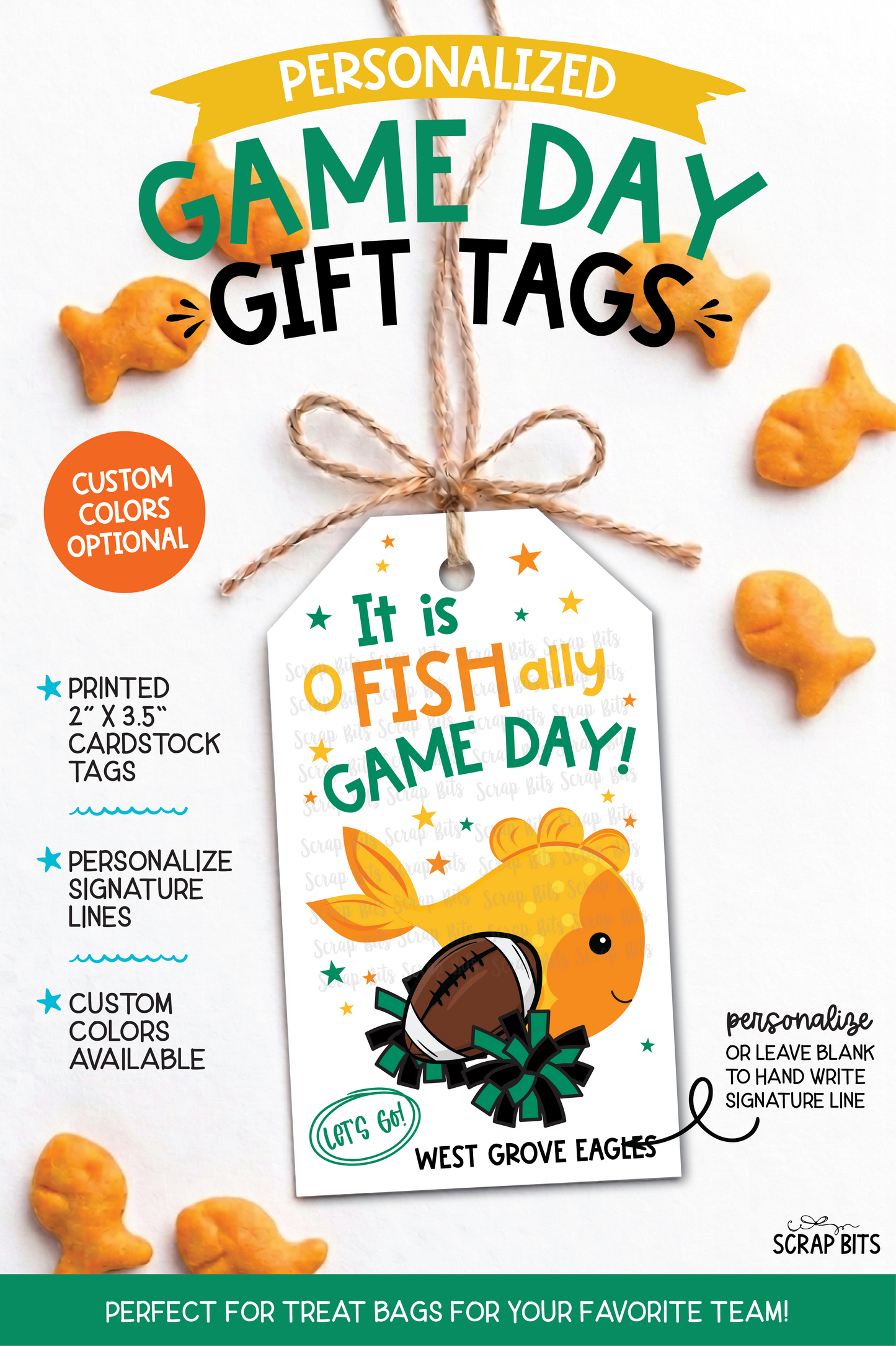 Football Goldfish Game Day Gift Tags, Good Luck Treat Bag Labels