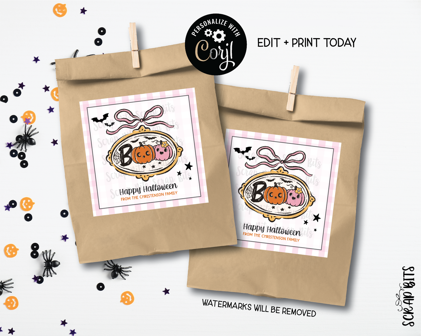 Pink Gingham Coquette Boo Frame, Printable Halloween Tags, Instant Download Editable Template