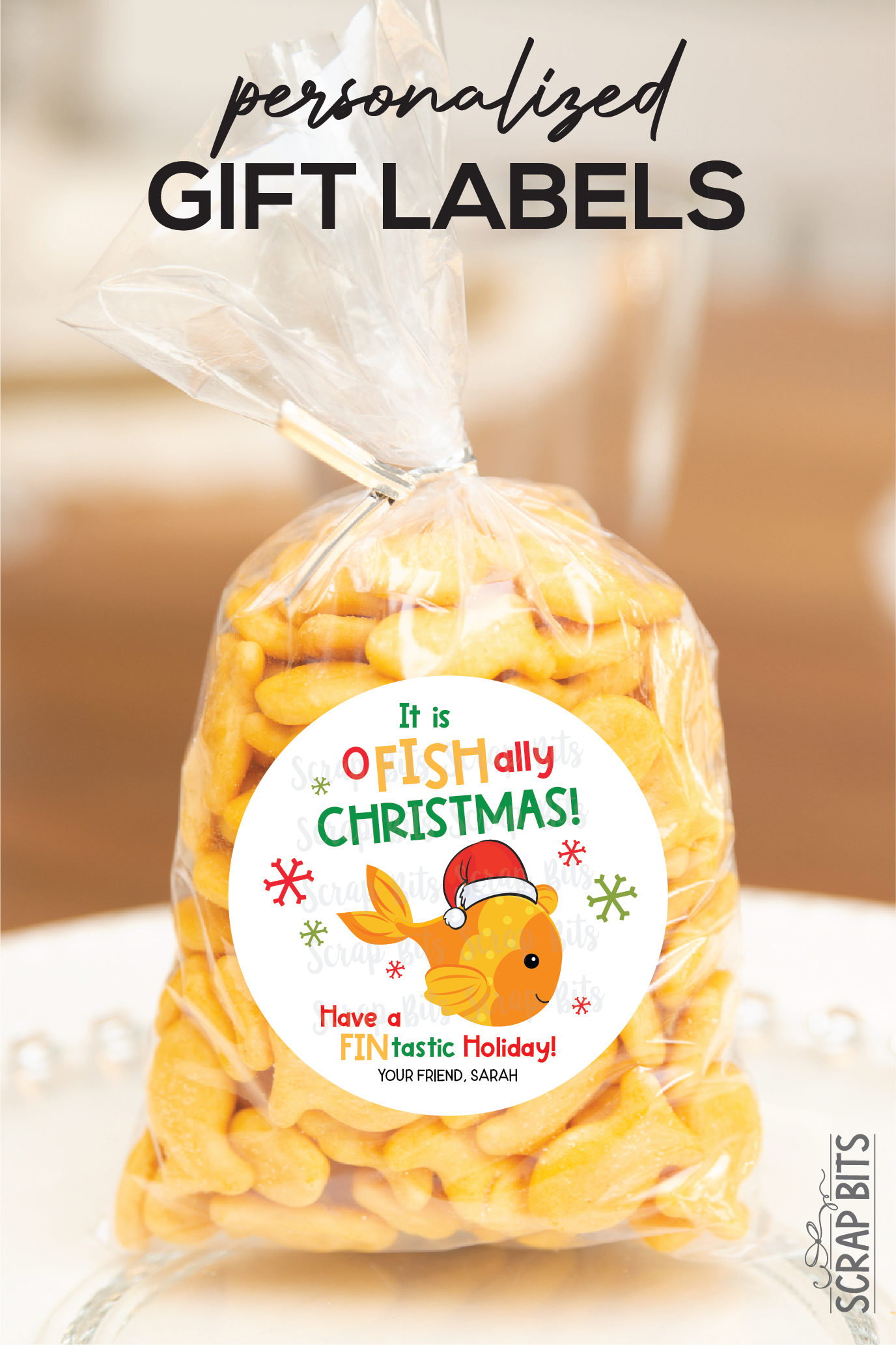 O Fish Ally Christmas Stickers, Personalized Goldfish Snack Bag Labels