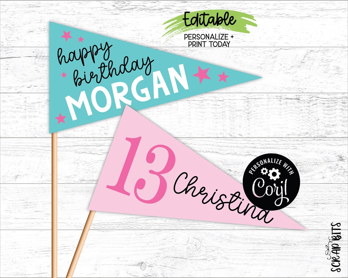 Birthday Pennant Flag, Name + Age . Personalized Printable Party Decor or Photo Prop, Instant Access EDITABLE Template - Scrap Bits