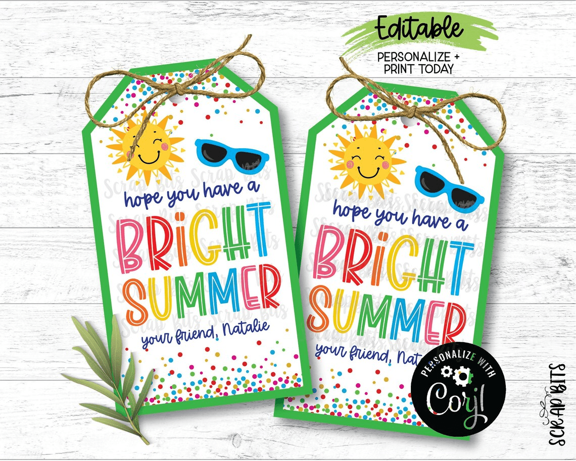 Bright Summer Last Day of School Tags, Angle Top, EDITABLE Printable Digital Download - Scrap Bits