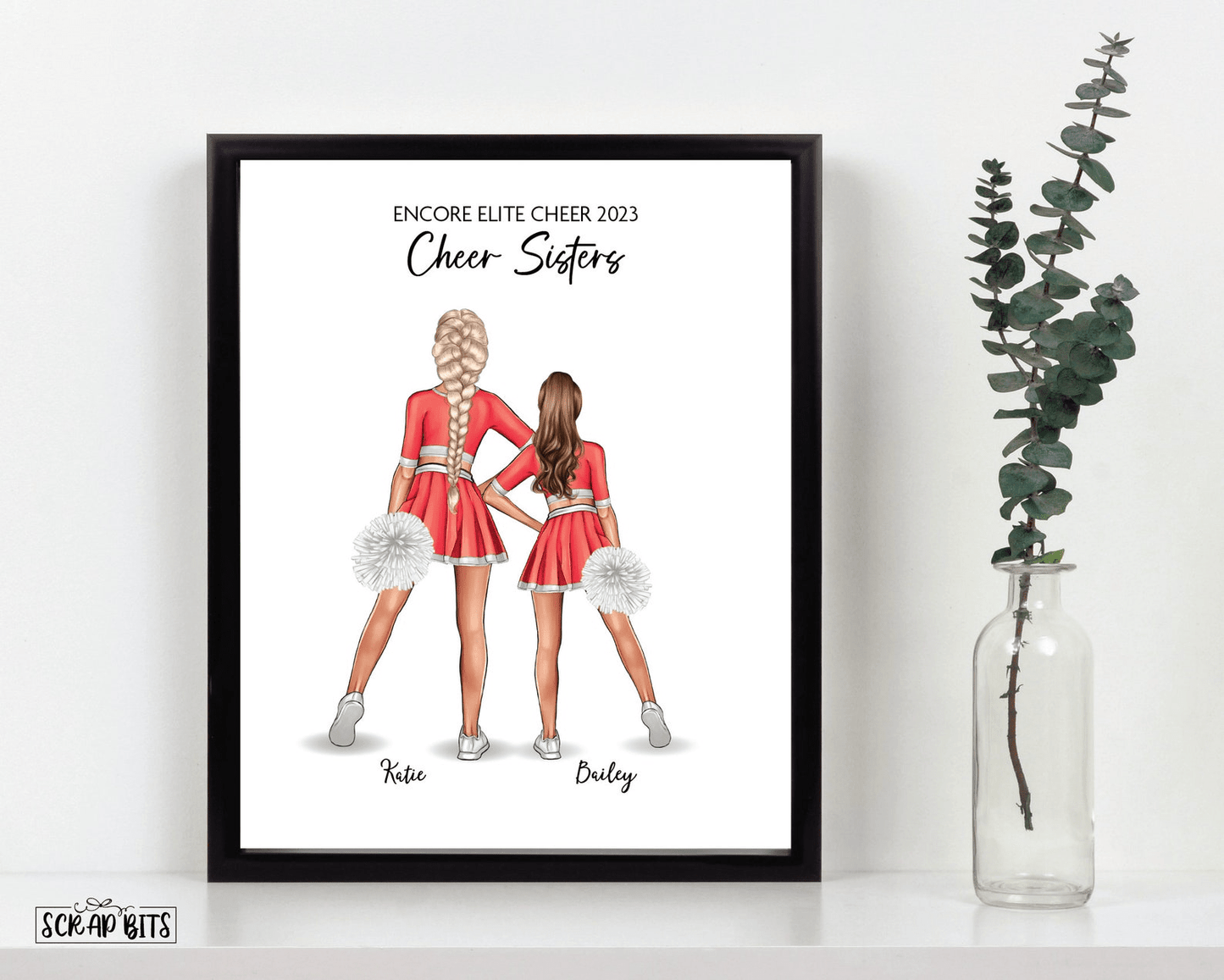 Cheer Sisters Portrait Print, Custom Cheerleader Friends Gift, Digital Download - Scrap Bits