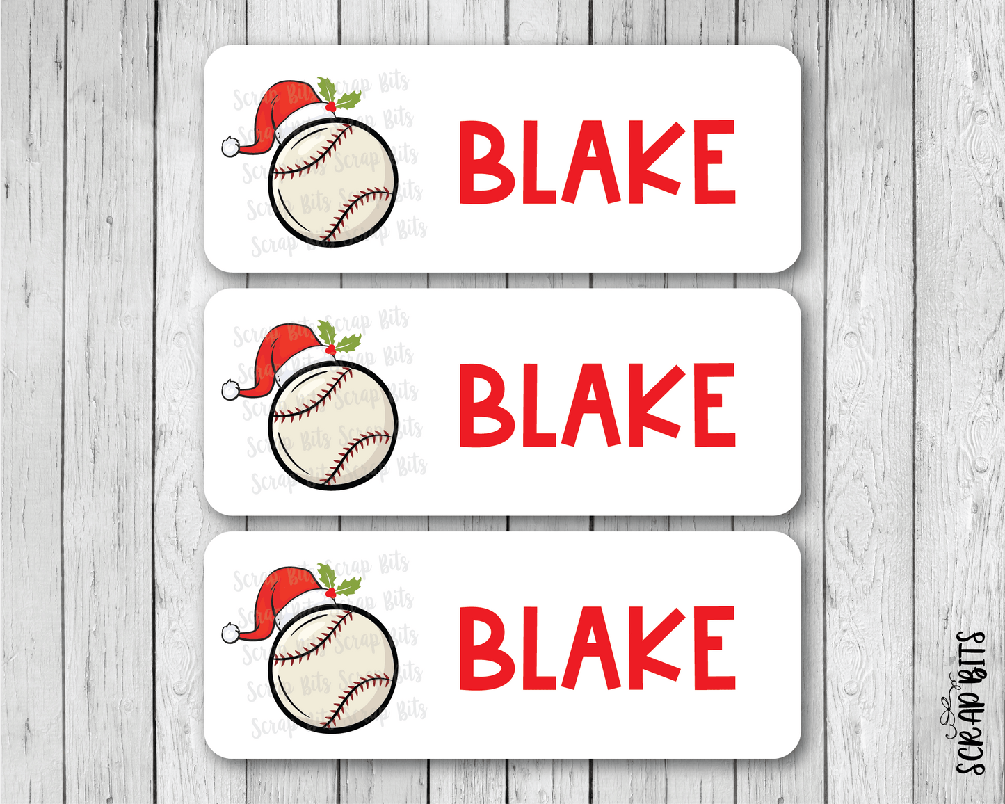 Christmas Baseball Name Labels, Santa Hat, Personalized Gift Stickers - Scrap Bits