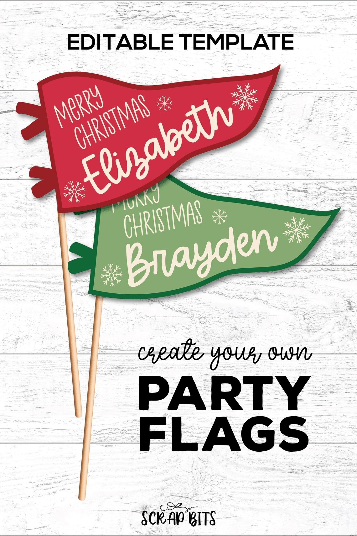 Christmas Pennant Flag, Personalized Printable Stocking Flag, Instant Download Editable Template - Scrap Bits