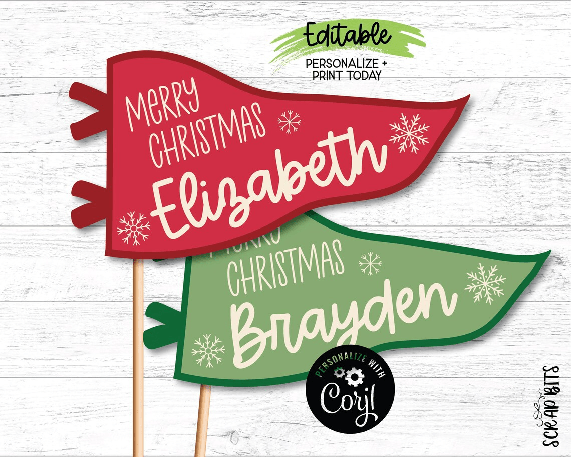 Christmas Pennant Flag, Personalized Printable Stocking Flag, Instant Download Editable Template - Scrap Bits