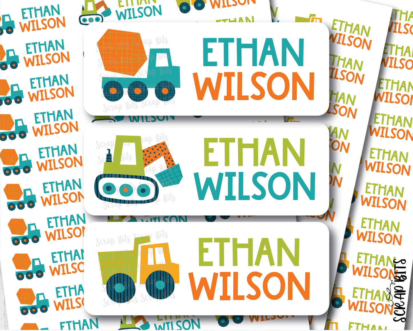 Construction Vehicles Name Labels . Personalized Belonging Labels - Scrap Bits