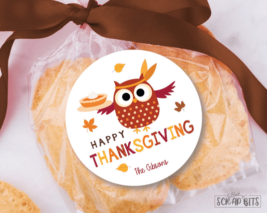 Fall Owl with Pie, Thanksgiving Stickers or Tags, Personalized Gift Labels - Scrap Bits