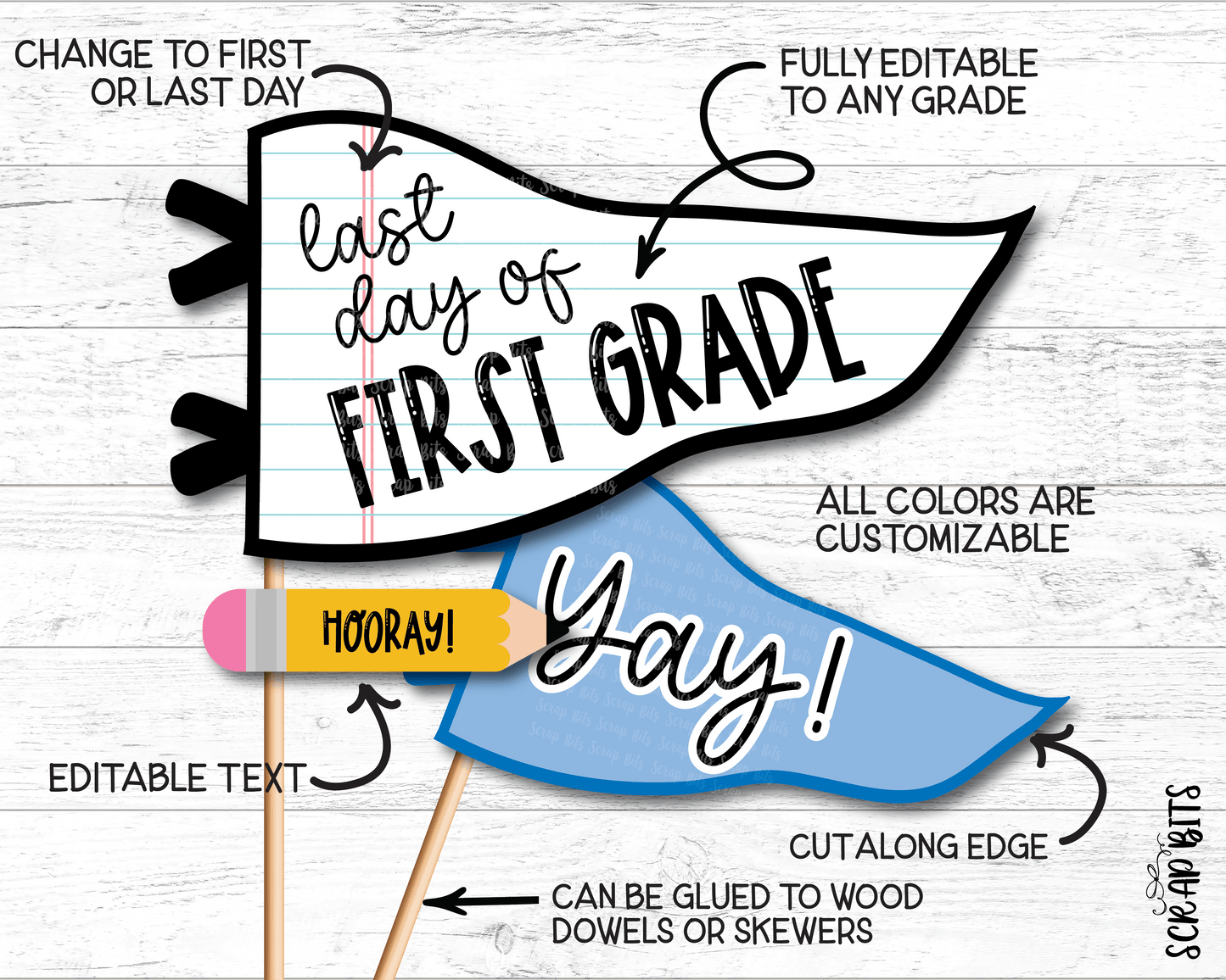 First or Last Day of School Pennant Flags, Printable Back To School Flags, Class Party Gift Bag Decor, Photo Prop, Instant Access EDITABLE Template - Scrap Bits