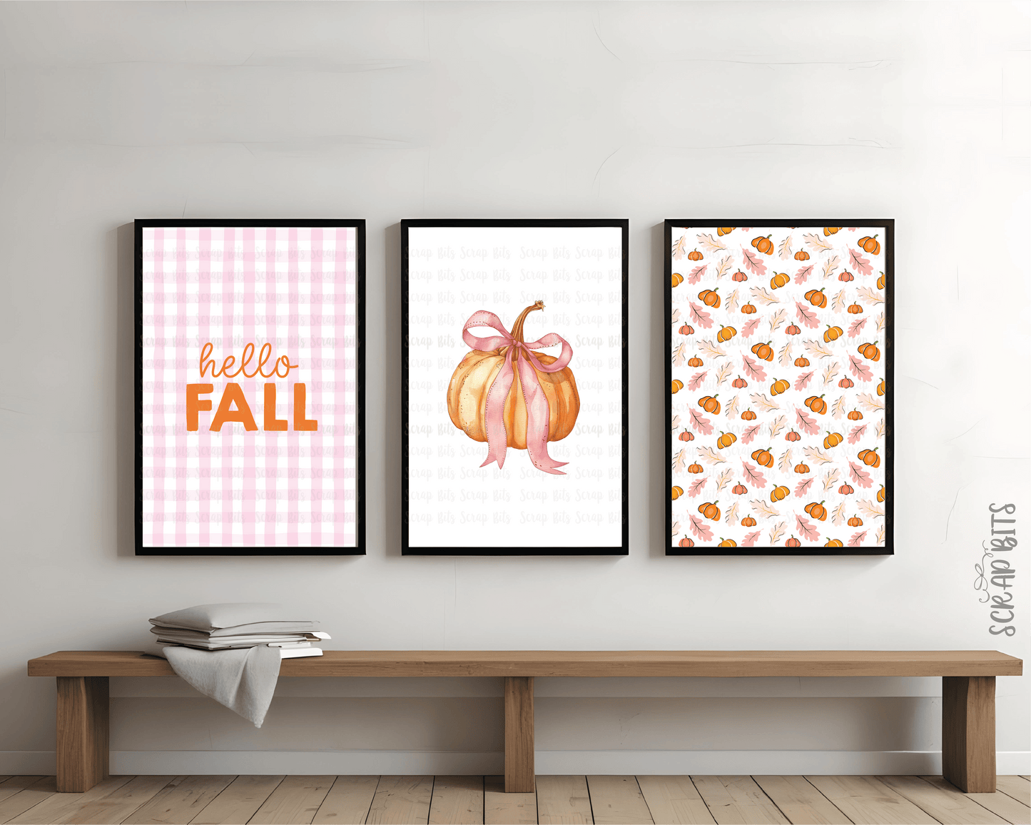 Gallery Wall Set, Hello Fall Pink Gingham Bow Pumpkin, Leaves, Coquette . Instant Download, 5 Print Sizes - Scrap Bits