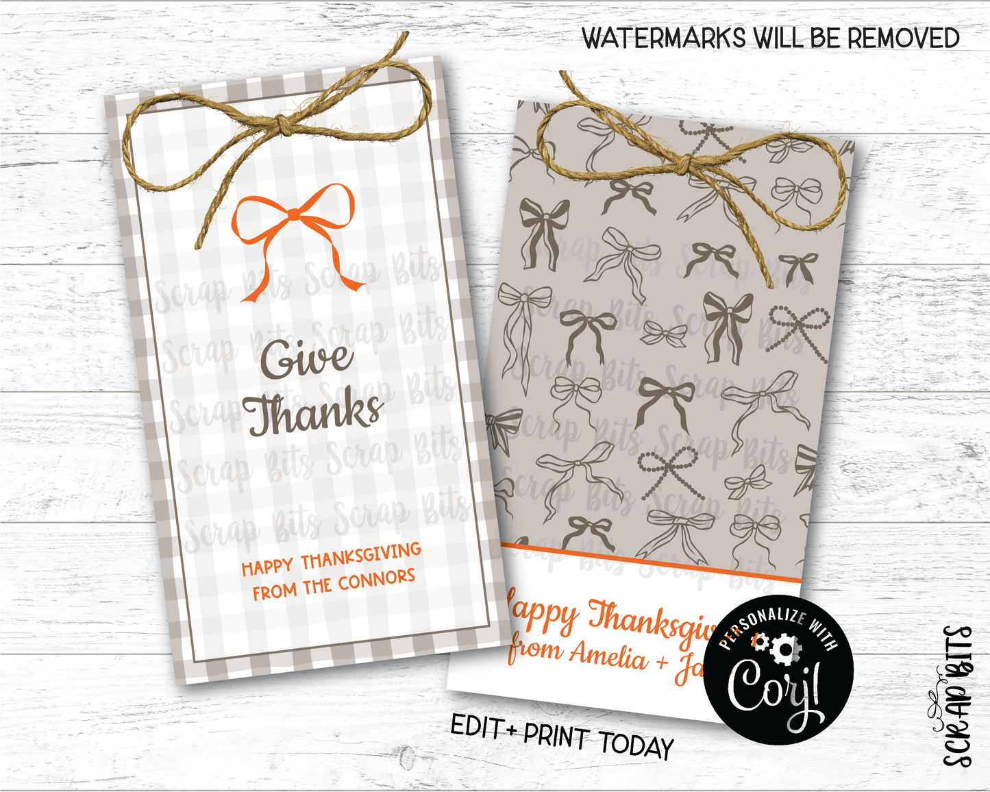 Gingham + Bows Give Thanks, Printable Thanksgiving Favor Tag Set, Instant Download Editable Template - Scrap Bits
