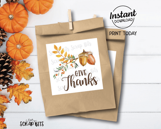 Give Thanks, Watercolor Acorn Laurel Printable Thanksgiving Tags, Instant Download - Scrap Bits