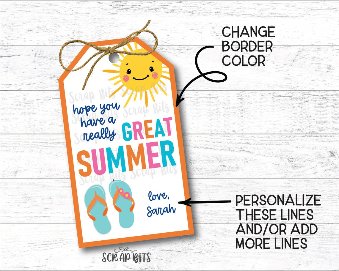 Great Summer Flip Flops Last Day of School Tags, Angle Top, EDITABLE Printable Digital Download - Scrap Bits