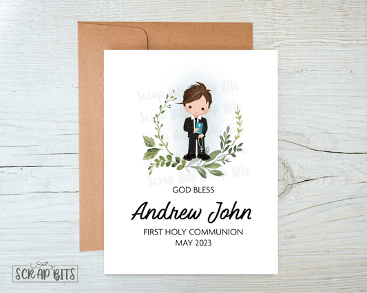 Greenery Wreath Communion Boy Portrait Card, First Holy Communion Card - Scrap Bits