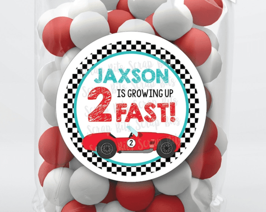 Growing Up 2 Fast, Red Car Racing Birthday Favor Stickers or Tags - Scrap Bits