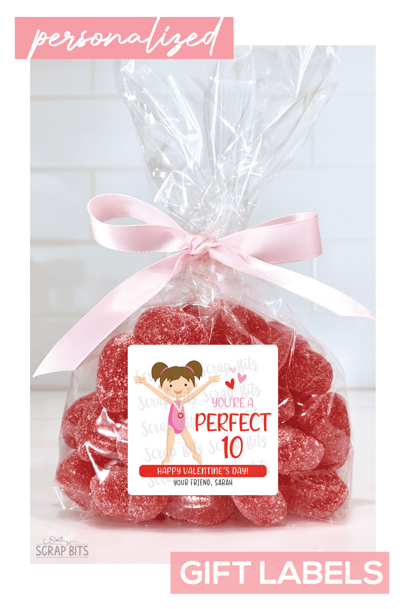 Gymnast Valentines, You're A Perfect 10, Valentine Treat Bag Stickers - Scrap Bits