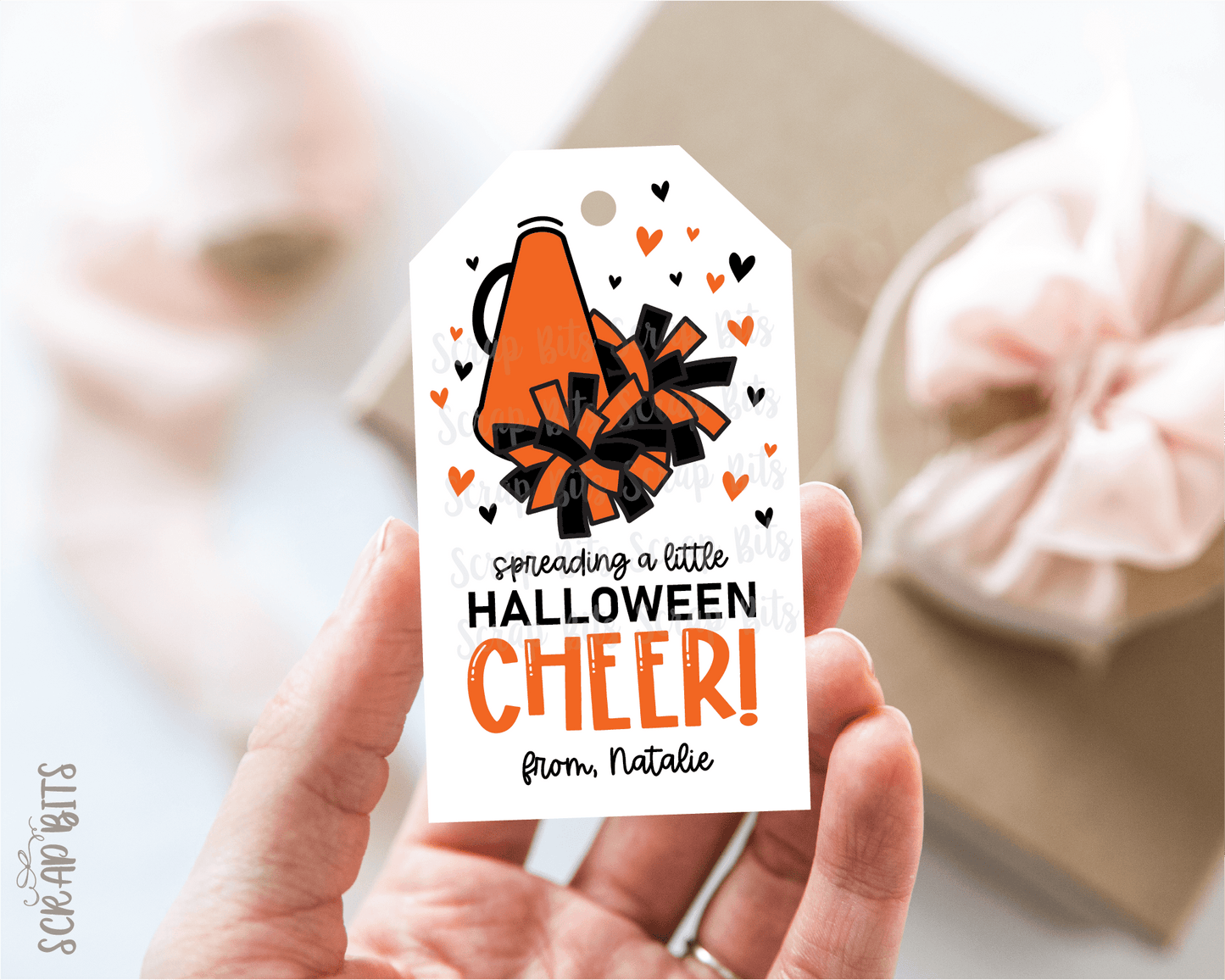 Halloween Cheer Tags, Megaphone + Pom Poms, Personalized Halloween Gift Tags - Scrap Bits