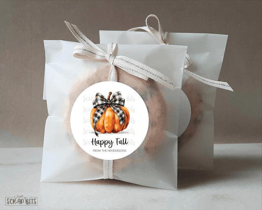 Happy Fall Tags, Watercolor Pumpkin with Buffalo Plaid Ribbon, Personalized Stickers or Tags - Scrap Bits