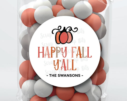 Happy Fall Y'all, Doodle Pumpkin, Personalized Stickers or Tags - Scrap Bits