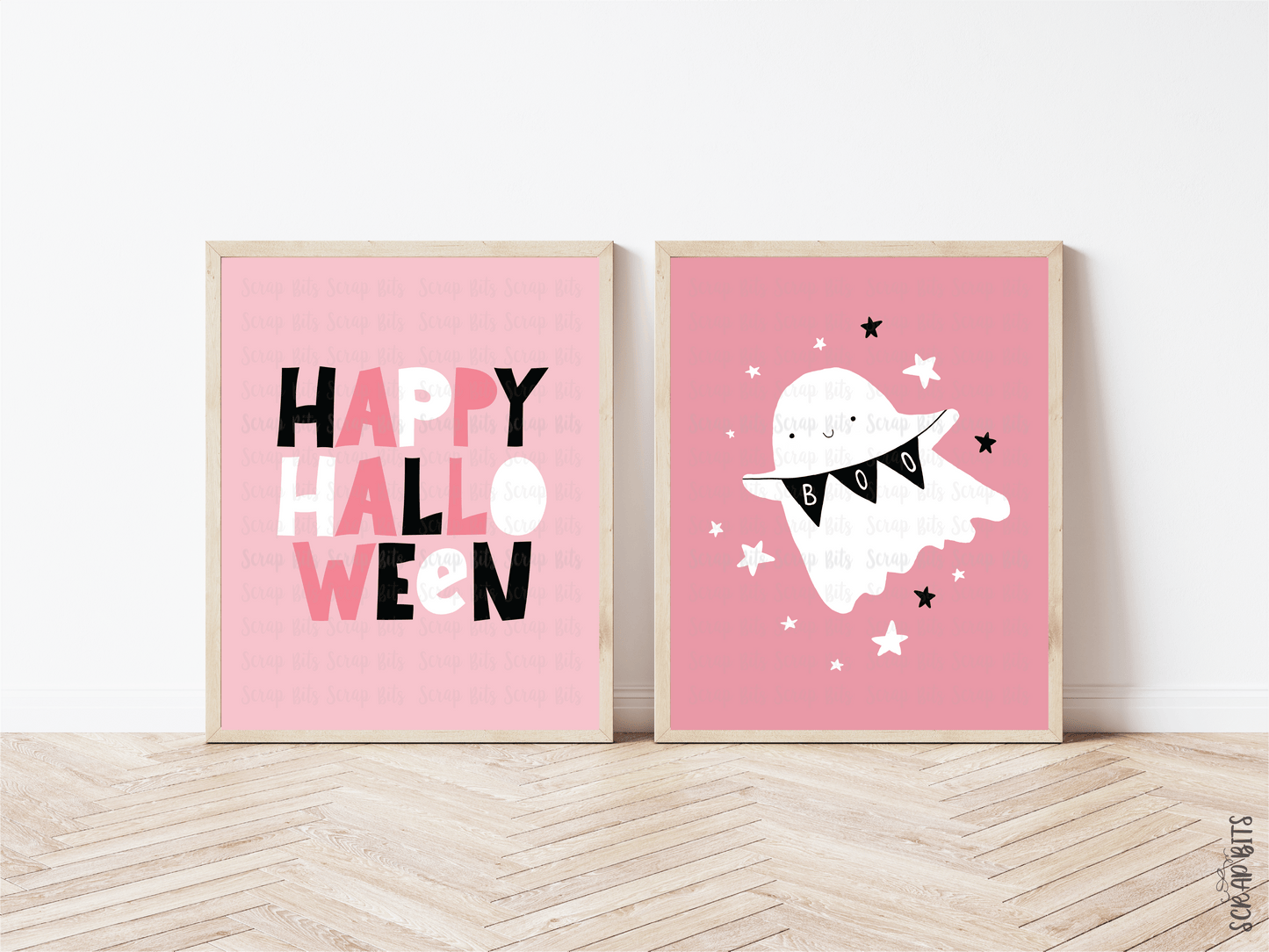 Happy Halloween Gallery Wall Set, Pink Ghost & Stars . Instant Download, 5 Print Sizes - Scrap Bits