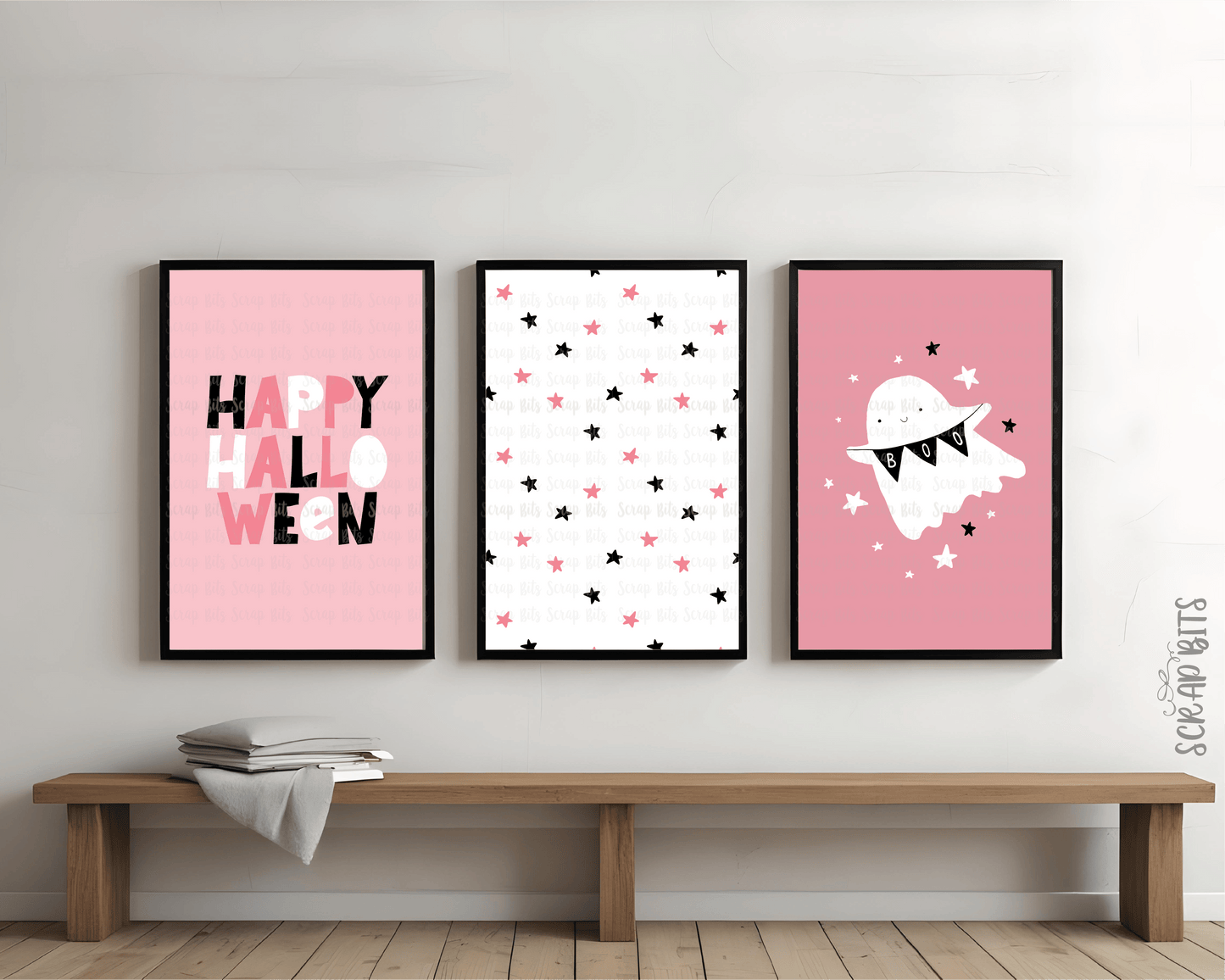 Happy Halloween Gallery Wall Set, Pink Ghost & Stars . Instant Download, 5 Print Sizes - Scrap Bits