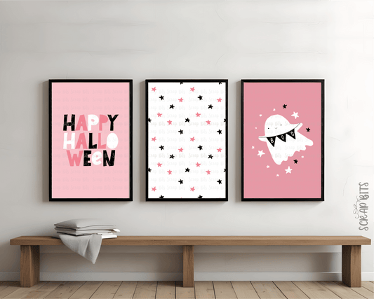 Happy Halloween Gallery Wall Set, Pink Ghost & Stars . Instant Download, 5 Print Sizes - Scrap Bits