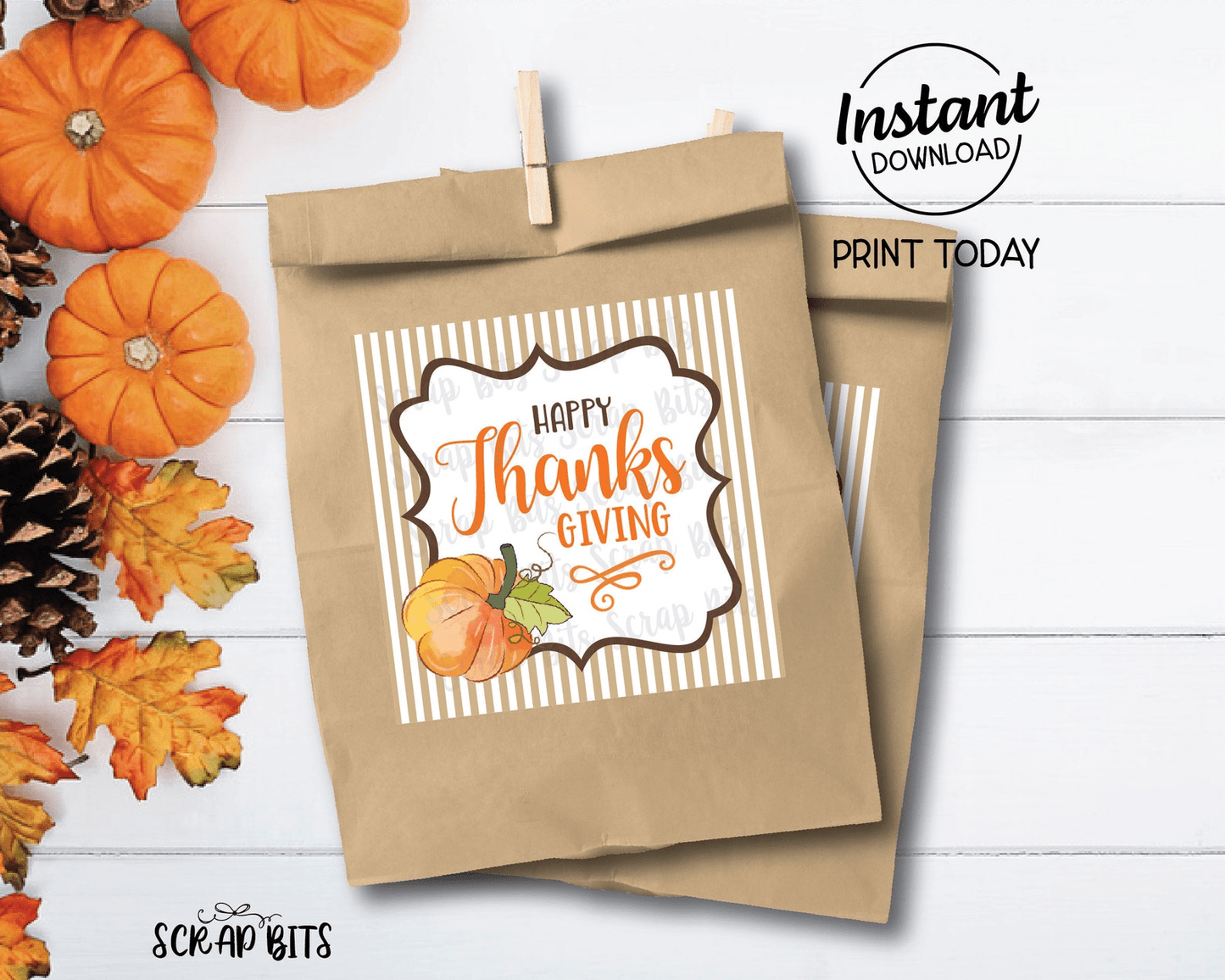 Happy Thanksgiving Tags, Frame on Stripes, Printable Thanksgiving Tags, Instant Download - Scrap Bits