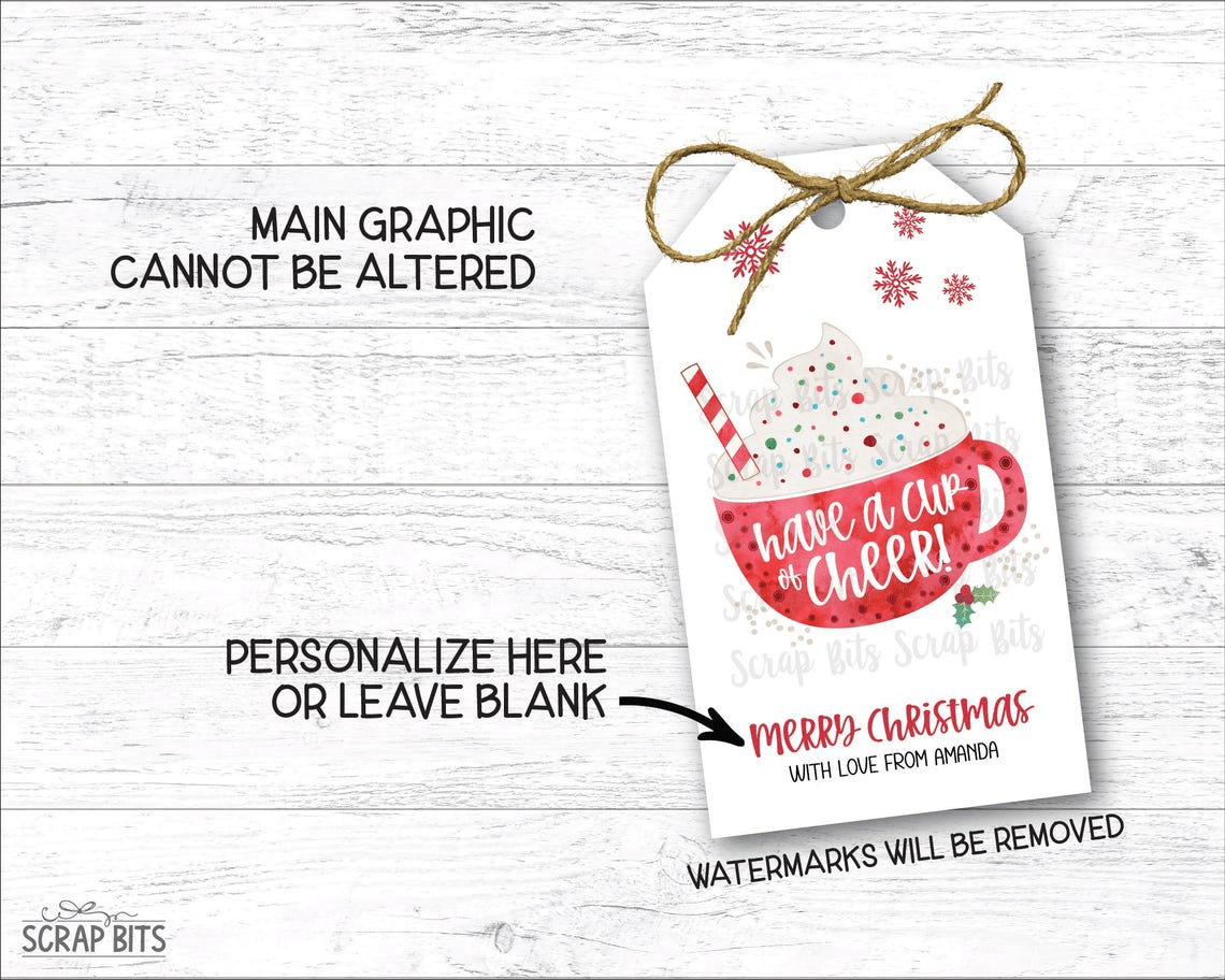 Have a Cup of Cheer Red Mug, Personalized Christmas Gift Tags - Scrap Bits