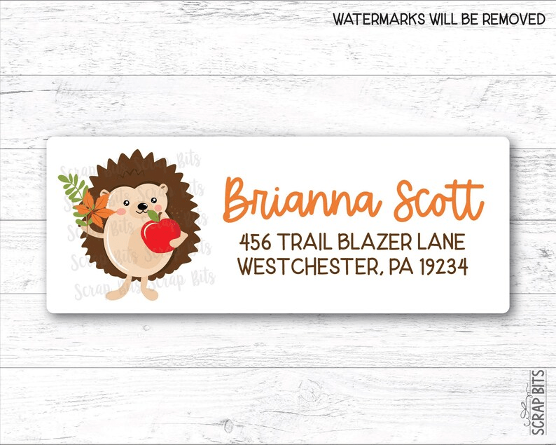Hedgehog Holding Apple + Leaves, Fall Return Address Labels - Scrap Bits