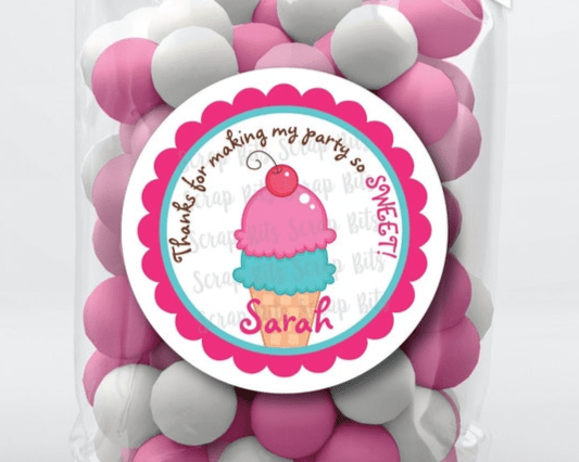 Ice Cream Birthday Stickers, Thanks for Making My Birthday Sweet, Half Cone . Personalized Birthday Favor Labels or Tags - Scrap Bits