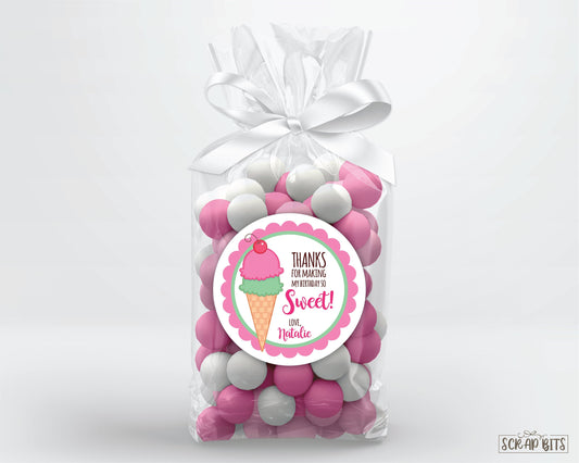 Ice Cream Thank You for Making My Birthday So Sweet Scallop Edge Personalized Birthday Favor Stickers or Tags - Scrap Bits
