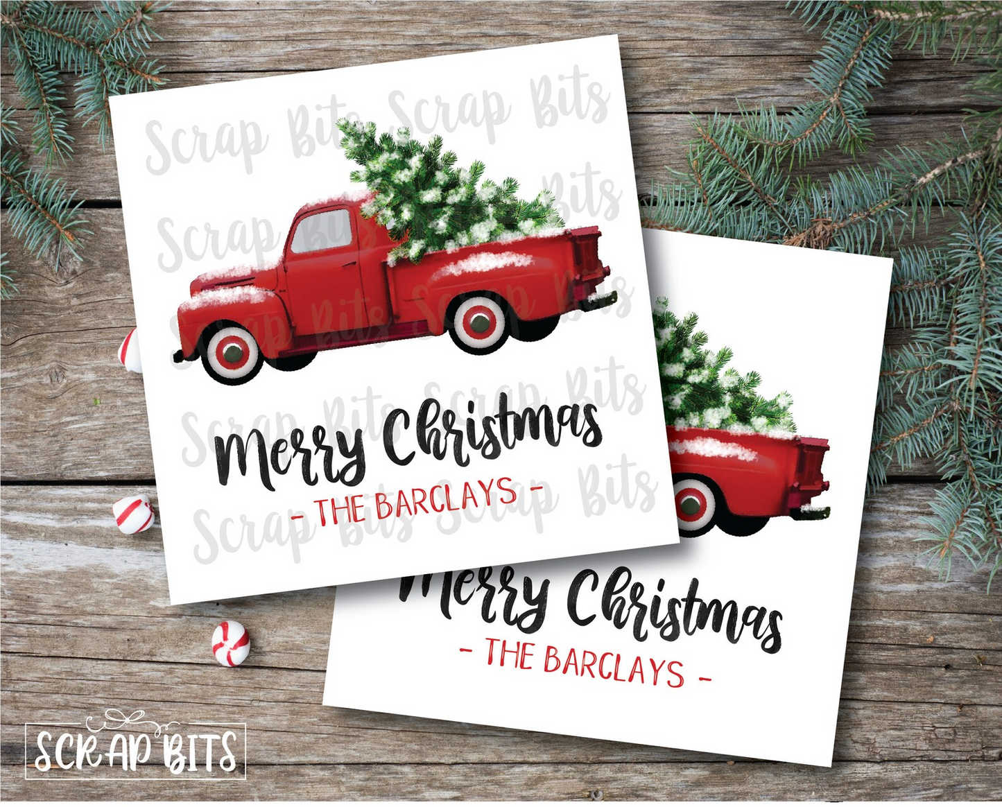 Red Christmas Truck Tags, Rustic Pick-up Truck with Tree Printable Christmas Gift Tags, Instant Download Editable Template