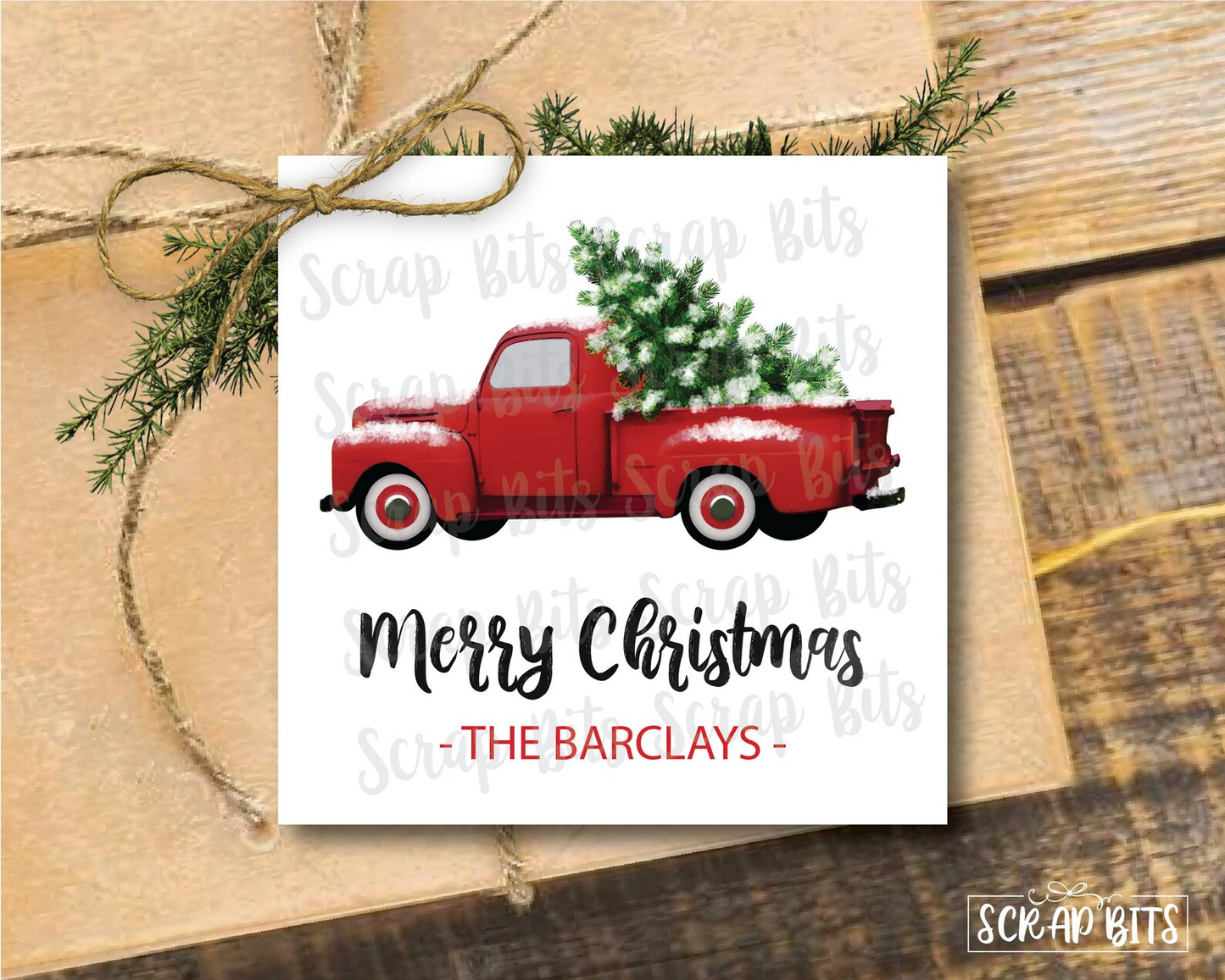 Red Christmas Truck Tags, Rustic Pick-up Truck with Tree Printable Christmas Gift Tags, Instant Download Editable Template