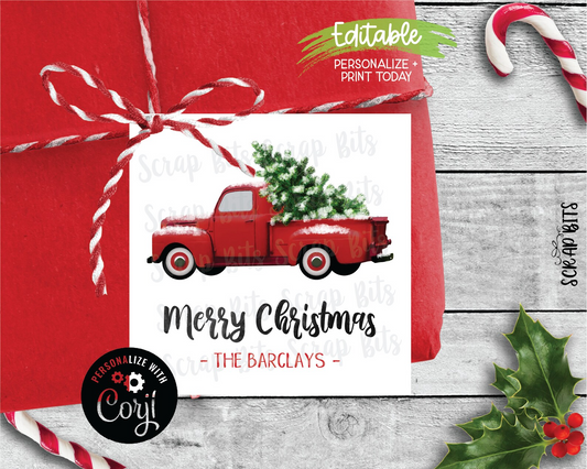 Red Christmas Truck Tags, Rustic Pick-up Truck with Tree Printable Christmas Gift Tags, Instant Download Editable Template
