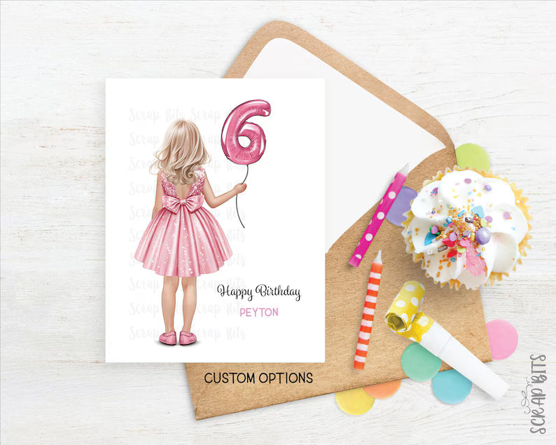 Little Girl Birthday Card, ANY Age Foil Number Balloons, Custom Girl Birthday Portrait Card