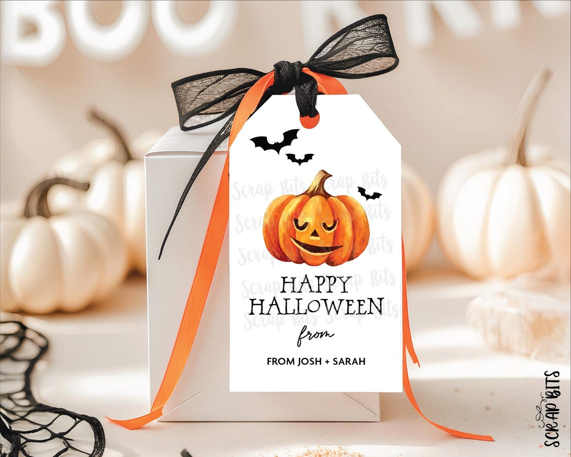 Grinning Pumpkin Halloween Tags . Personalized Gift Tags