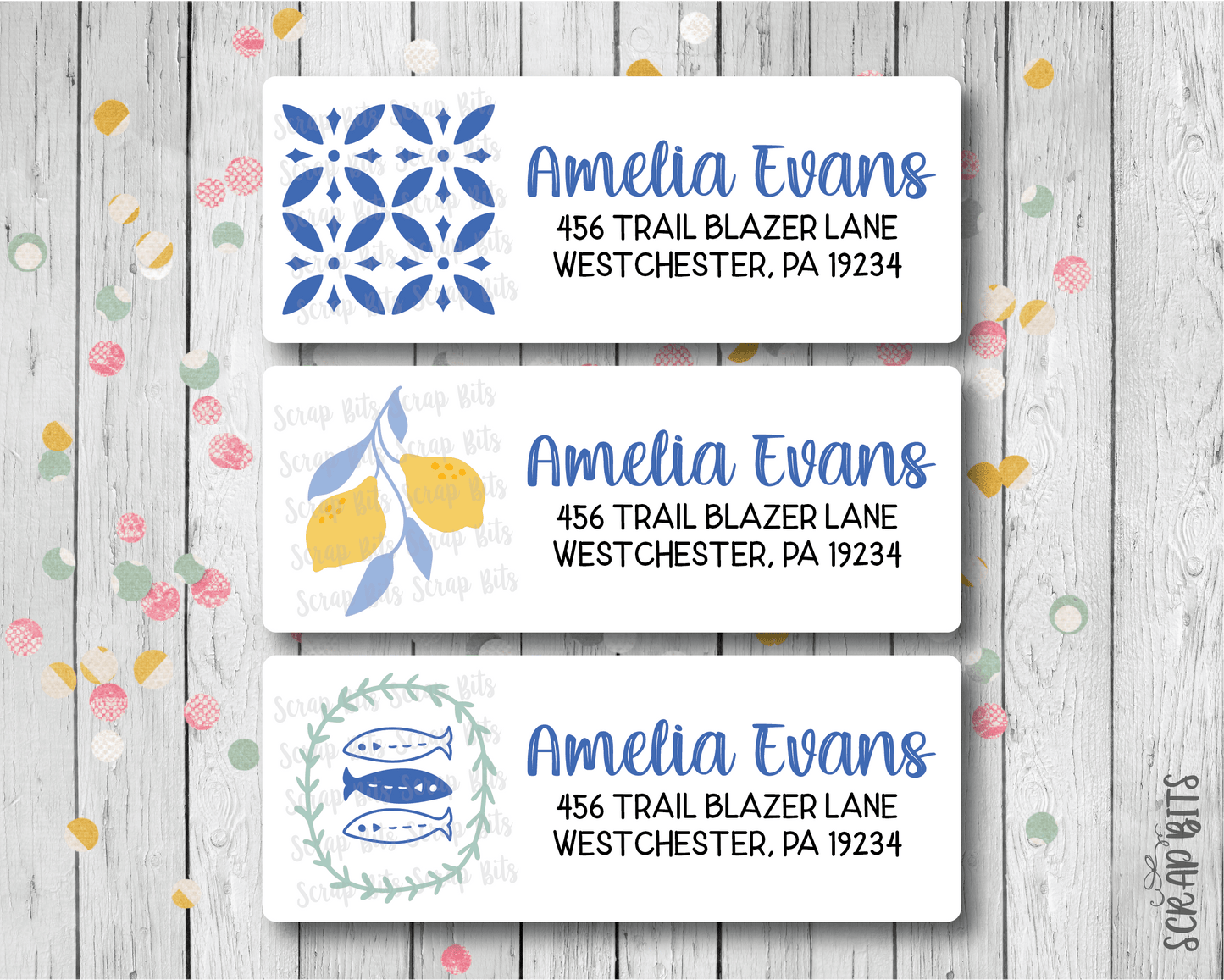 Mediterranean Coastal Return Address Labels, Tiles, Lemons, Fish - Scrap Bits