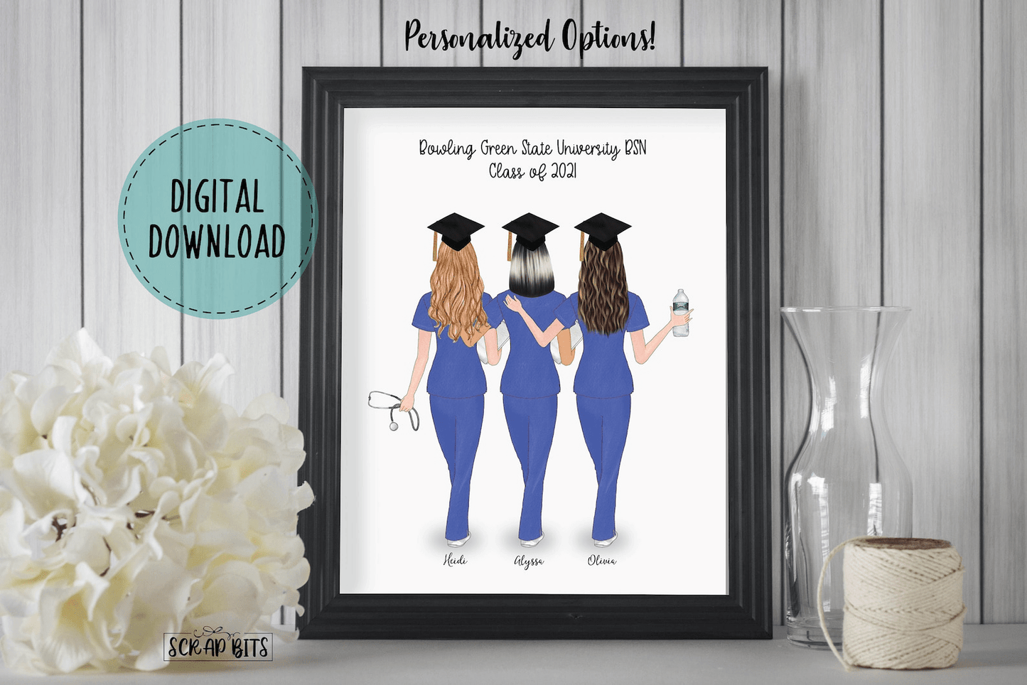 Nurse Friends Graduation Print, Custom Nursing Graduation Gift . Personalized Digital Portrait Print - Scrap Bits