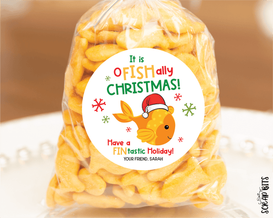 O Fish Ally Christmas Stickers, Personalized Goldfish Snack Bag Labels - Scrap Bits