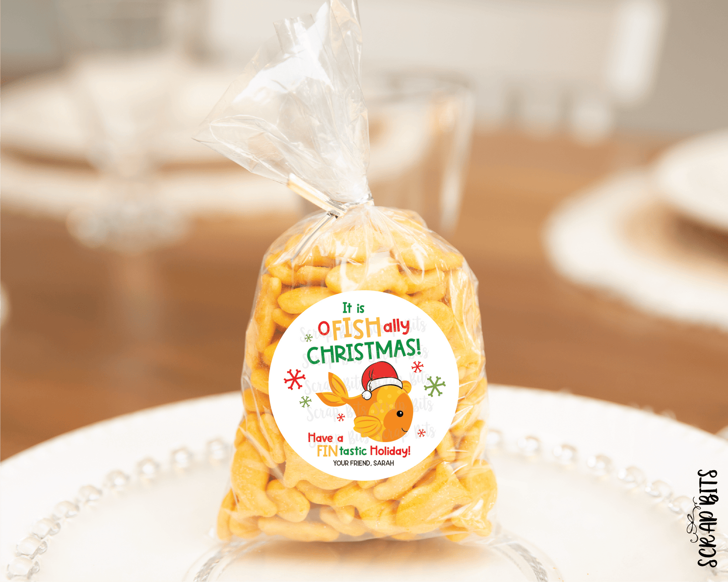 O Fish Ally Christmas Stickers, Personalized Goldfish Snack Bag Labels - Scrap Bits