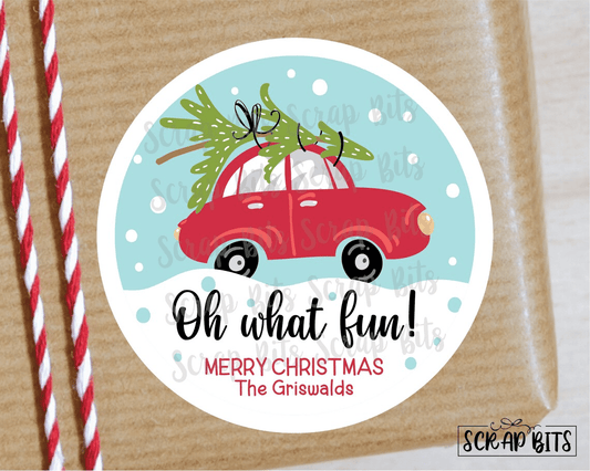 Oh What Fun Red Car & Tree Gift Labels, Personalized Christmas Stickers or Tags - Scrap Bits