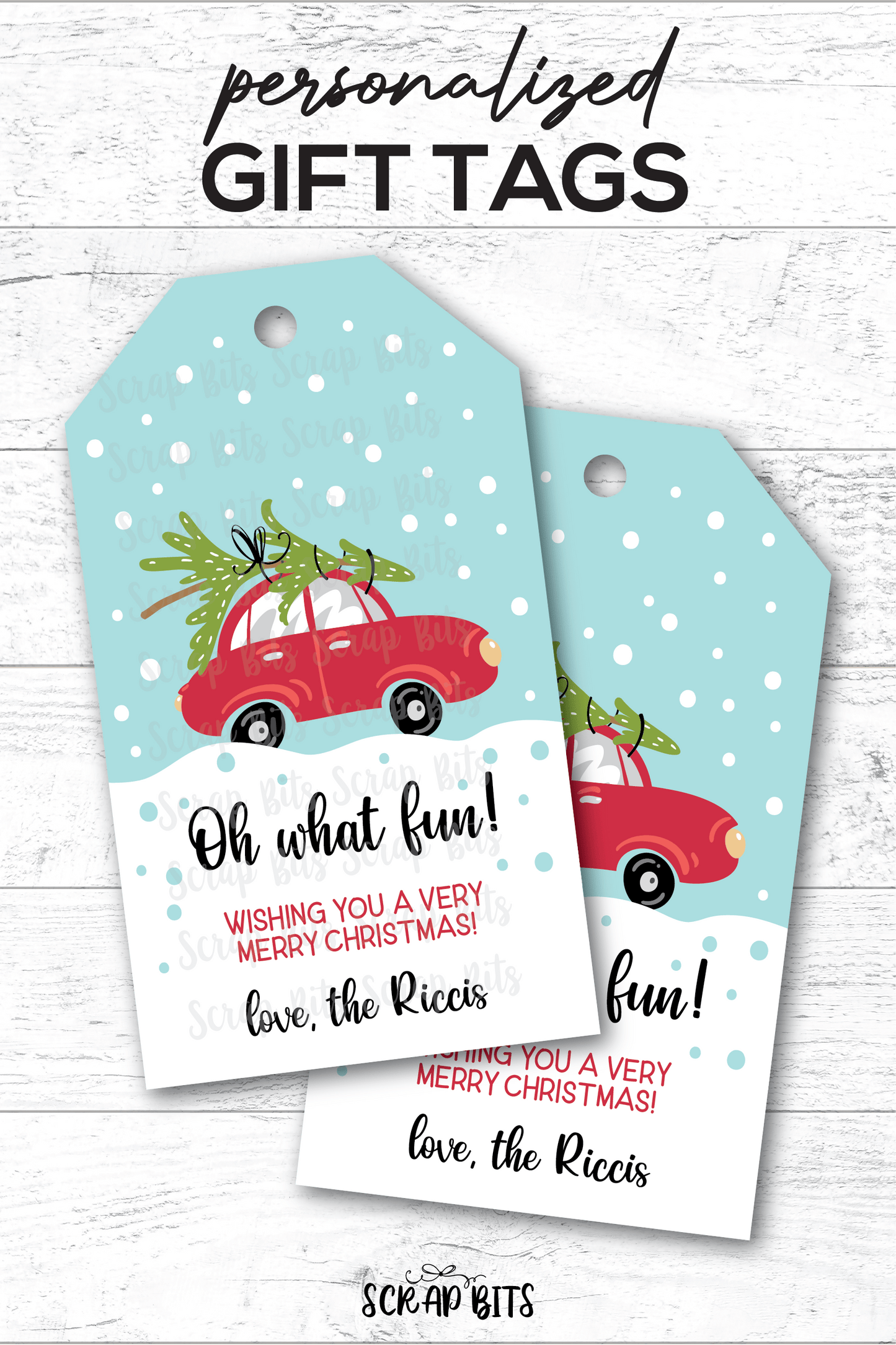 Oh What Fun Red Car & Tree, Personalized Christmas Gift Tags - Scrap Bits